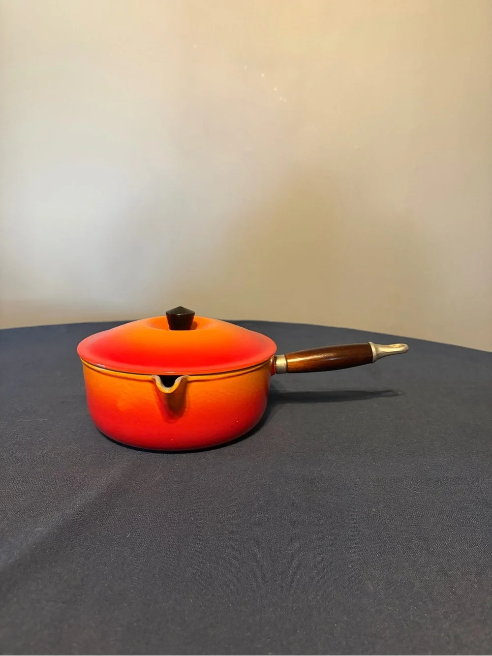Vintage Le Creuset P20 Orange to Red Flame Gradient Enamel Saucepan with Lid.